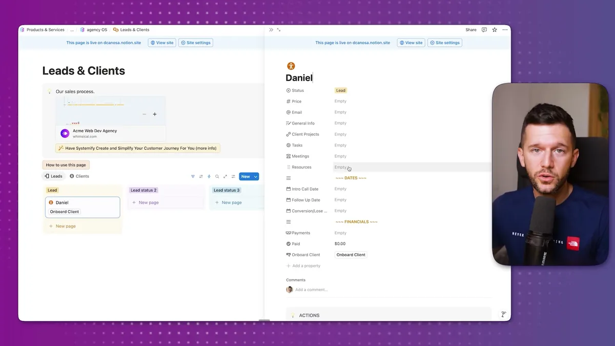 Lead detail page displaying comprehensive client information including status, price, email, projects, tasks, meetings, resources, and financial data organized by sections