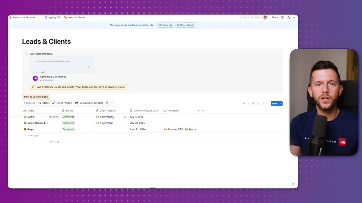 Leads & Clients database showing client projects list with status tracking, conversion dates, and payment information