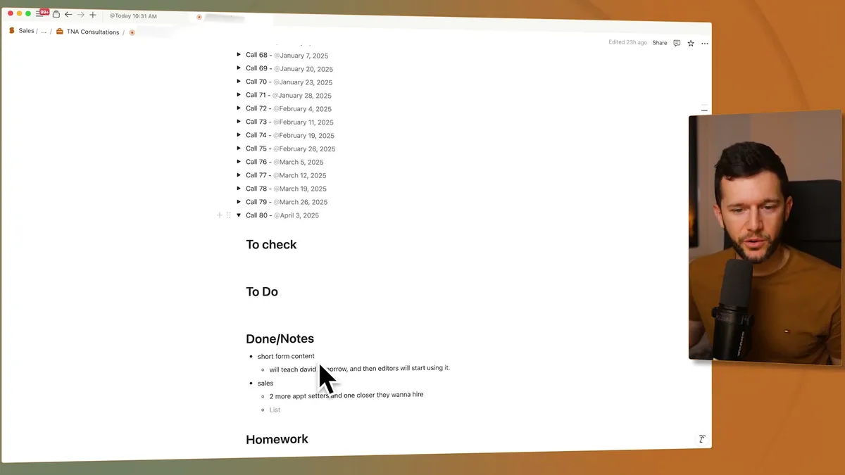Client page showing organized meeting notes with sections for action items (To check, To Do, Done/Notes, and Homework) alongside a chronological list of previous calls with dates