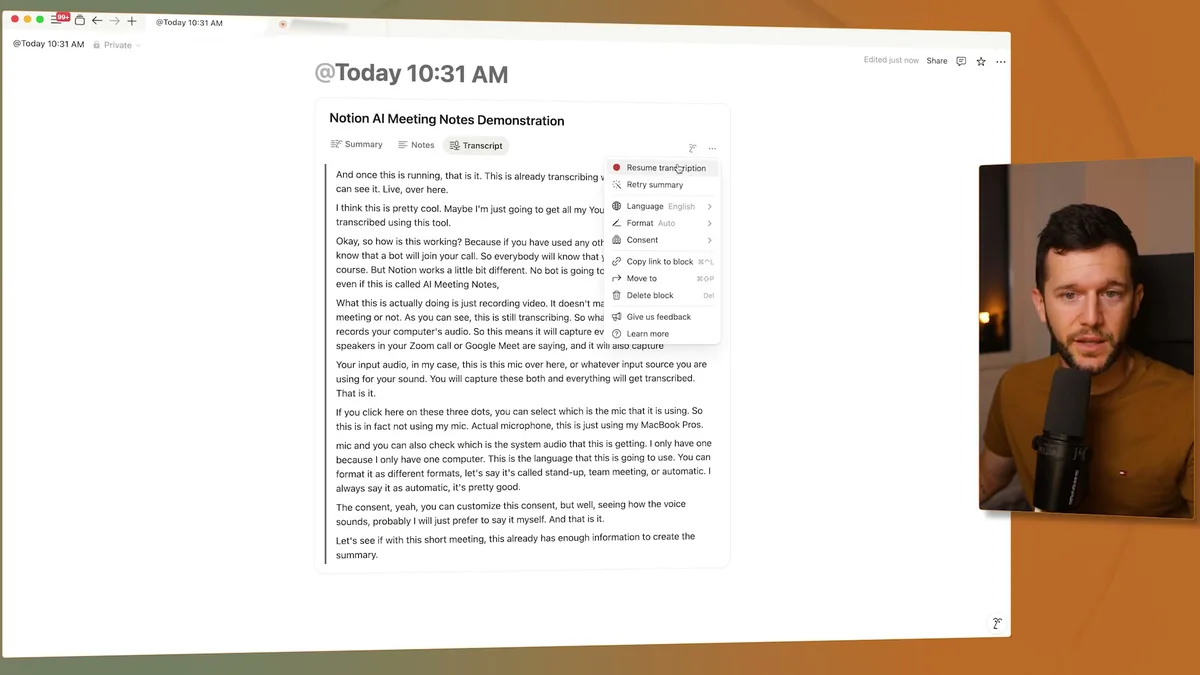 Notion AI Meeting Notes context menu showing resume transcription and retry summary options for editing and regenerating summaries