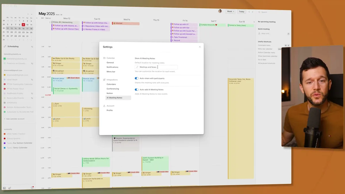 Settings dialog showing AI Meeting Notes configuration options including auto-share with participants and auto-add AI Meeting Notes to calendar events