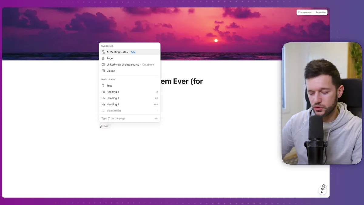 Slash command menu showing database creation option in Notion - select 'Linked view of data source' > 'Database' to create a new database