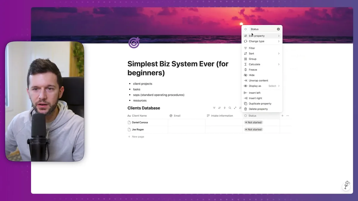 Status property configuration dialog showing the edit property menu with status field type selected and initial 'Not started' values displayed in the clients database