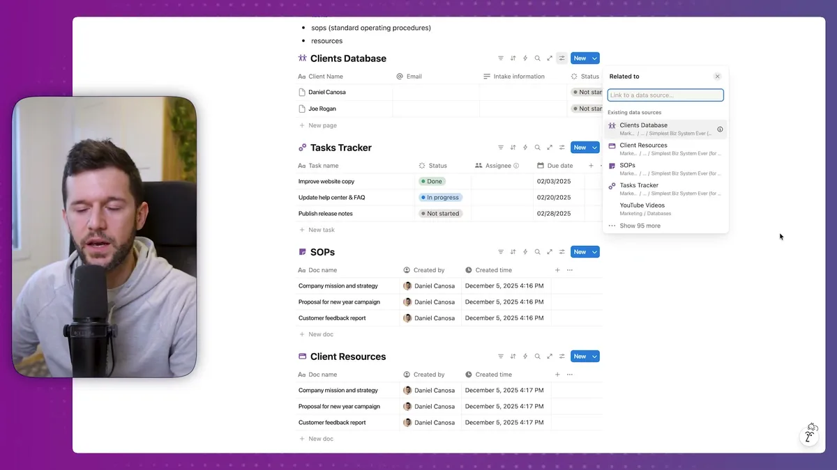 Creating database relations in Notion: The 'Related to' property dialog showing how to link the Clients Database to other databases including Tasks Tracker, with a dropdown menu displaying available data sources