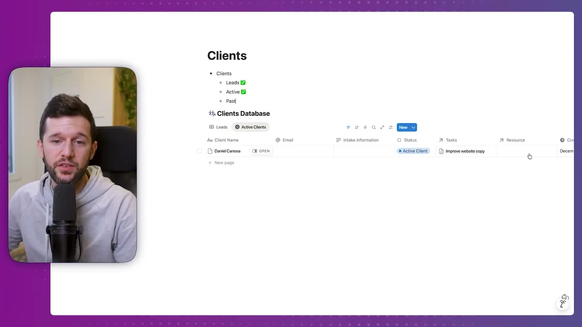 Multiple client views setup showing Leads, Active, and Past client filters with the Clients Database displaying full-width table layout and client records