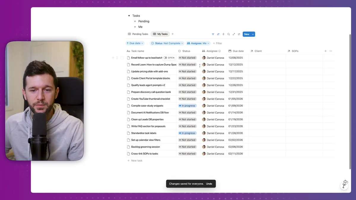 Personalized tasks view with 'Me' filter applied - showing only tasks assigned to the current user (Daniel Canosa), demonstrating how the filter automatically displays individual user tasks