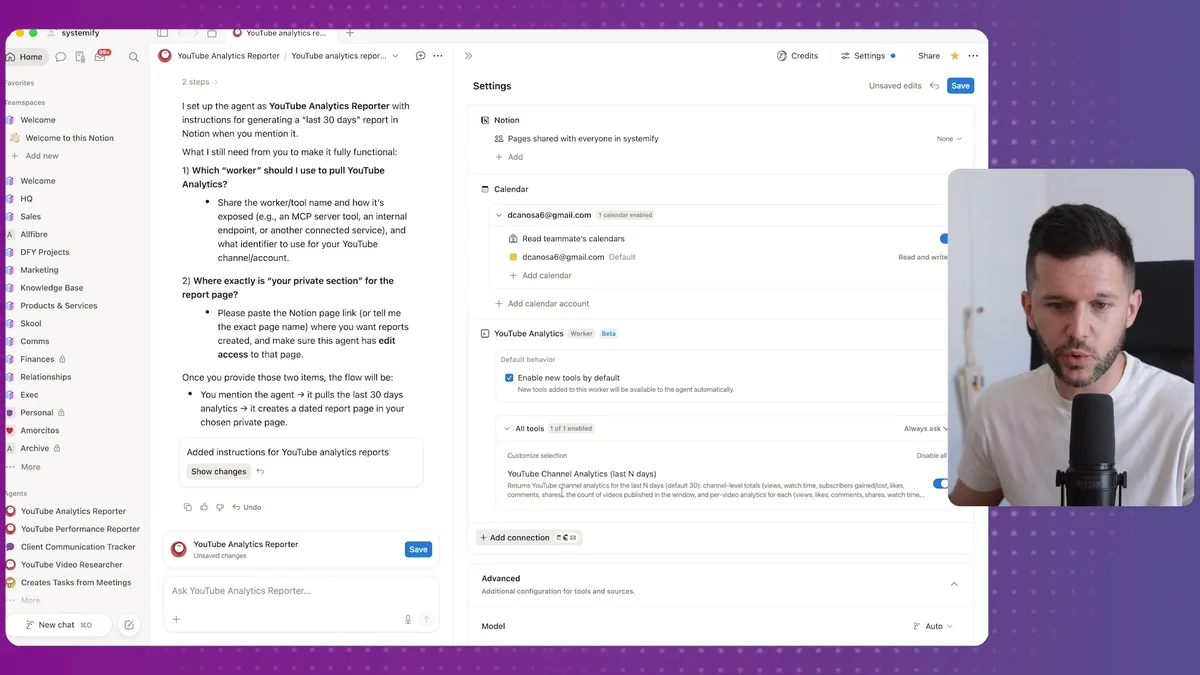 Agent connection settings showing deployed worker tools including YouTube Analytics with enabled tool options and customizable tool selection