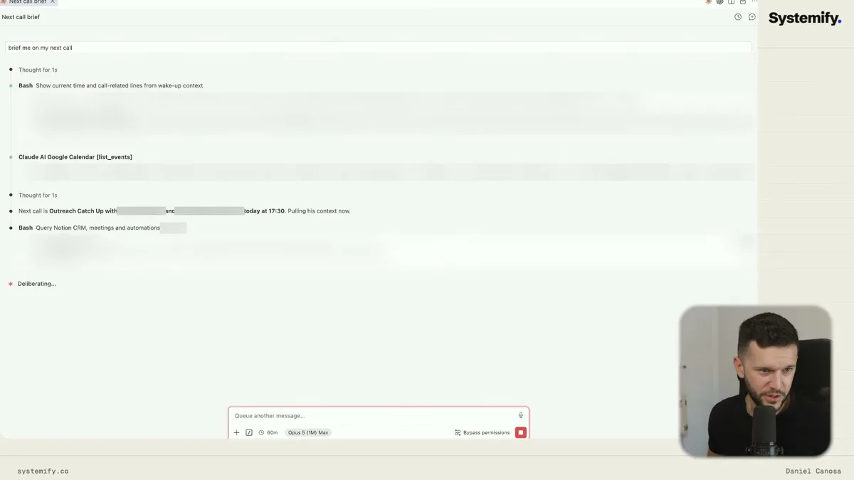 Claude Code processing 'Brief me on my next call' by pulling data from Google Calendar, Notion CRM, and Gmail