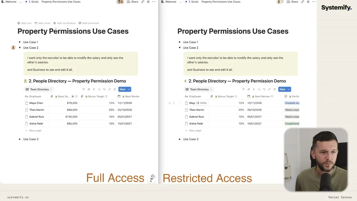 Use Case 2 comparison: Manager with full access to salary data versus restricted access showing only employee names without salary values