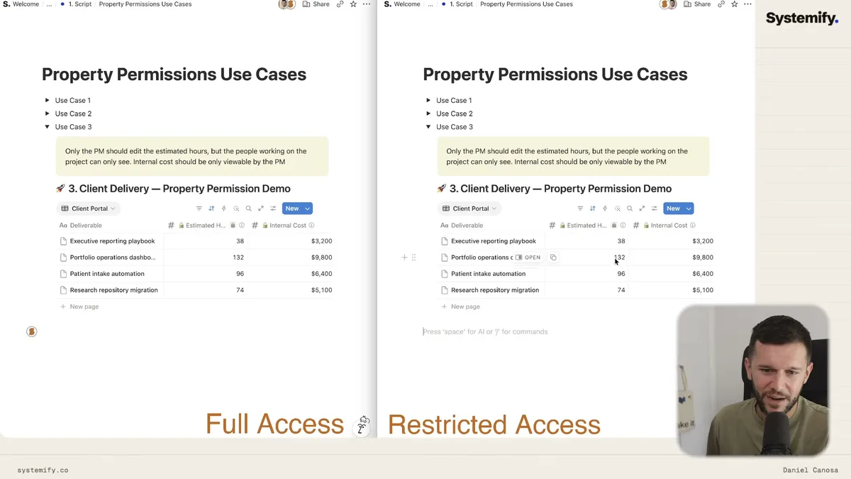 Use Case 3 comparison: Full Access vs Restricted Access for project hours with property permissions