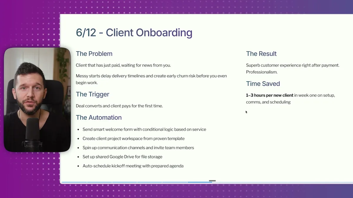 Client onboarding automation workflow overview showing the problem, trigger, and automation steps including welcome forms, Notion project creation, Slack channels, and Google Drive setup