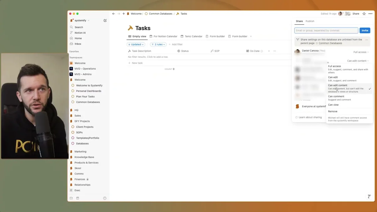Share settings panel showing permission options including 'Can edit content' with full access, edit/suggest/comment, and comment-only access levels