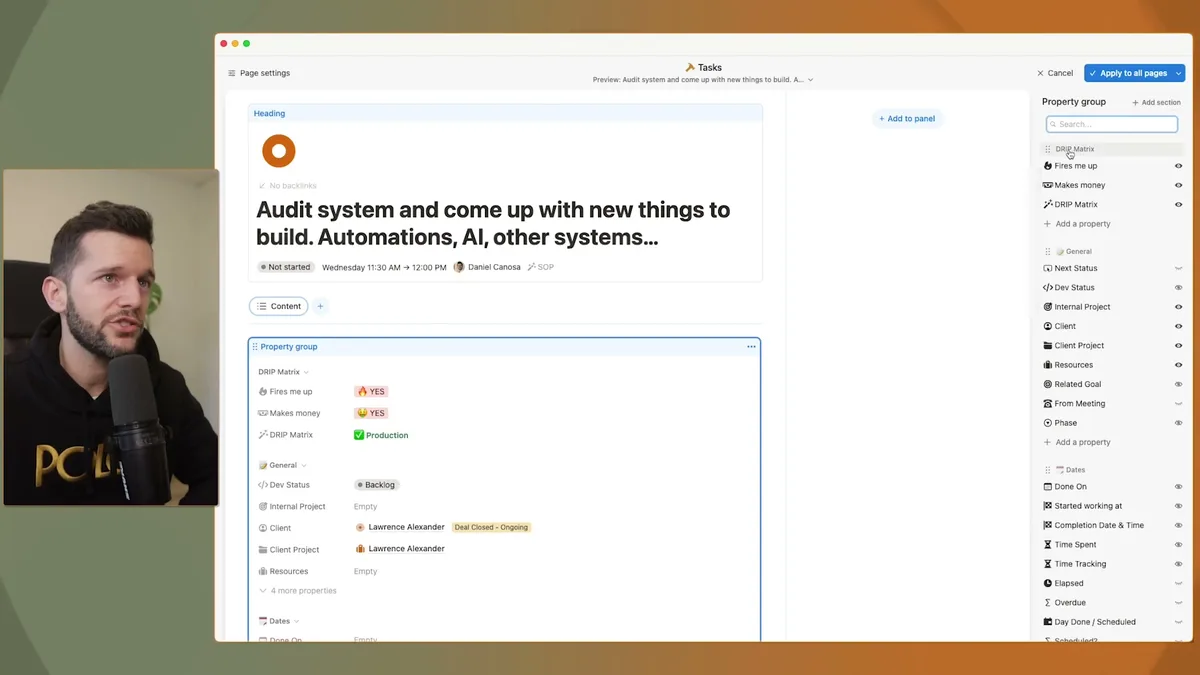 Custom layout view of a task page displaying organized property groups with multiple sections including DRIP Matrix, status fields, project assignments, and timeline properties on the right panel