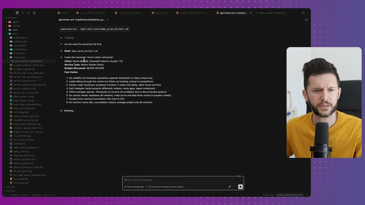 AI assistant extracting call transcript data showing client information, service type, budget, and pain points from a sales conversation