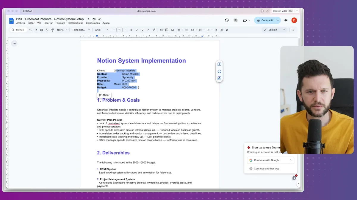 Generated Google Docs proposal showing client details (Greenleaf Interiors), project information, problem statement, and deliverables section with brand colors and professional formatting