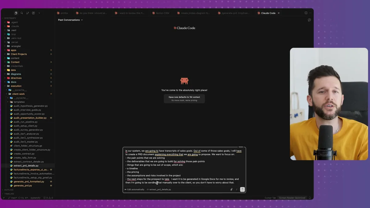 Claude Code prompt example showing initial automation setup with structured instructions for creating PRD documents and defining project scope, pain points, and deliverables